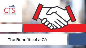 Graphic of two shaking hands, CRS logo, and text overlay reading, “The Benefits of an CA”